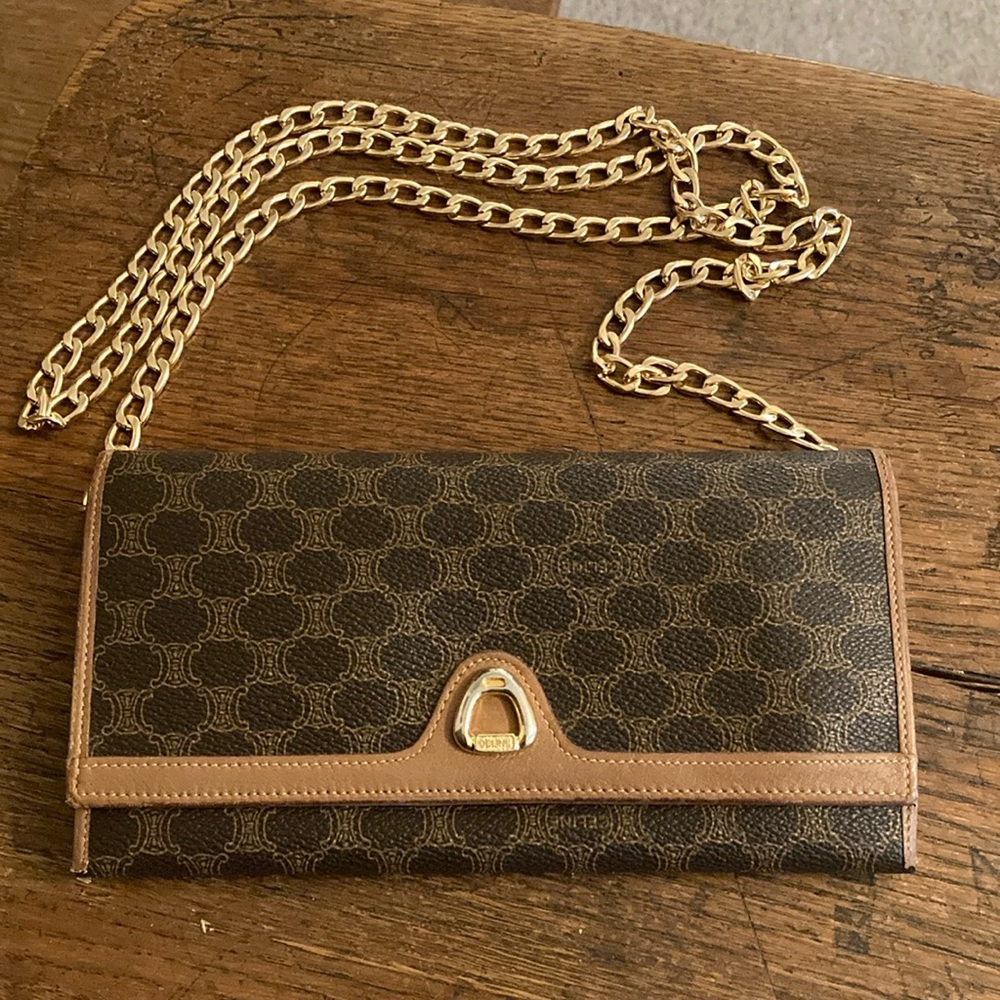 Celine Triomphe Monogram Kiss-Lock Wallet Vintage w/Crossbody Chain